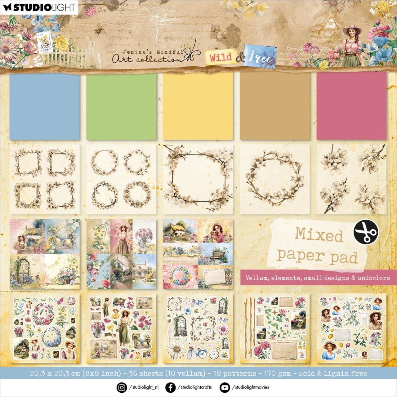Jenine's Mindful Art Wild & Free Mixed Paper Pad 8"X8"-Nr. 184, Vellum/Unicolor/Elements